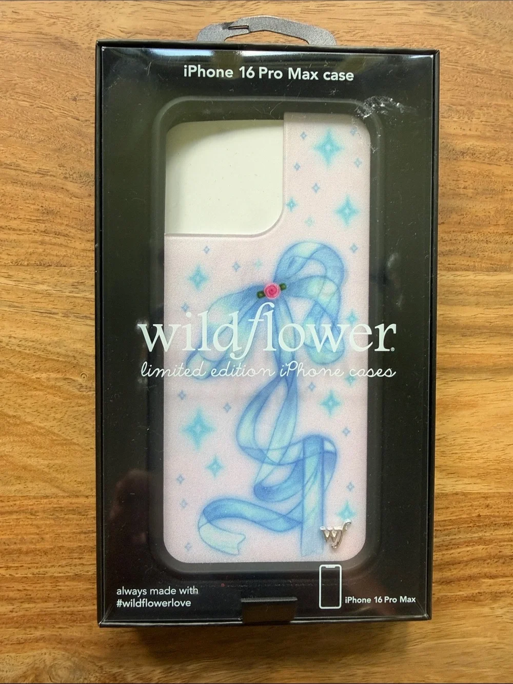 Wildflowers iPhone 16 Pro Max Case - Pastel Pink with Blue Ribbon Art - NIB